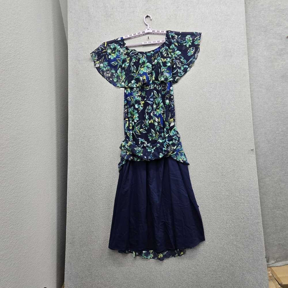 Donna Morgan Women Dress 4 Navy Floral Maxi Milkmaid Chiffon Cottagecore NWT - Picture 4 of 9
